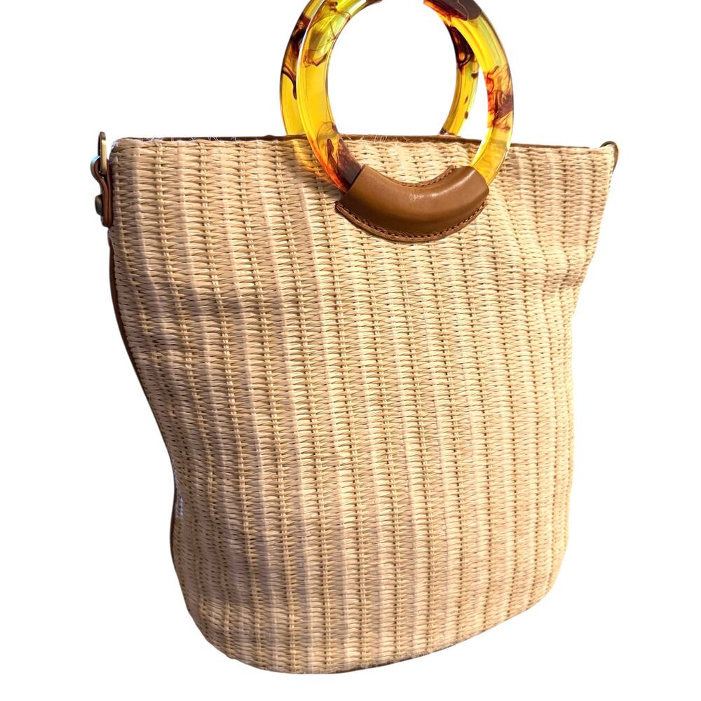 Hobo Sheila Raffia Circle Handle Tote Bag Straw Woven Tortoise Ring Handles - Picture 6 of 7